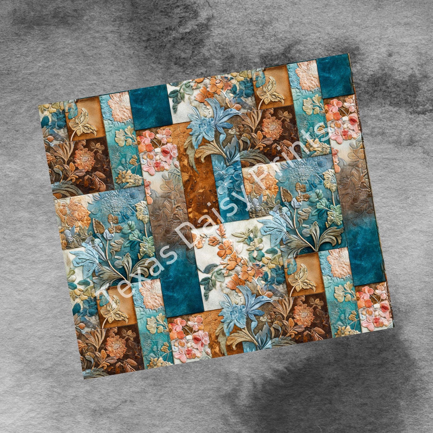 Western Patchwork Leather and Cow Hide 20oz Skinny Tumbler Wrap, Seamless Spring Flowers Country Western Sublimation Tumbler PNG Designs