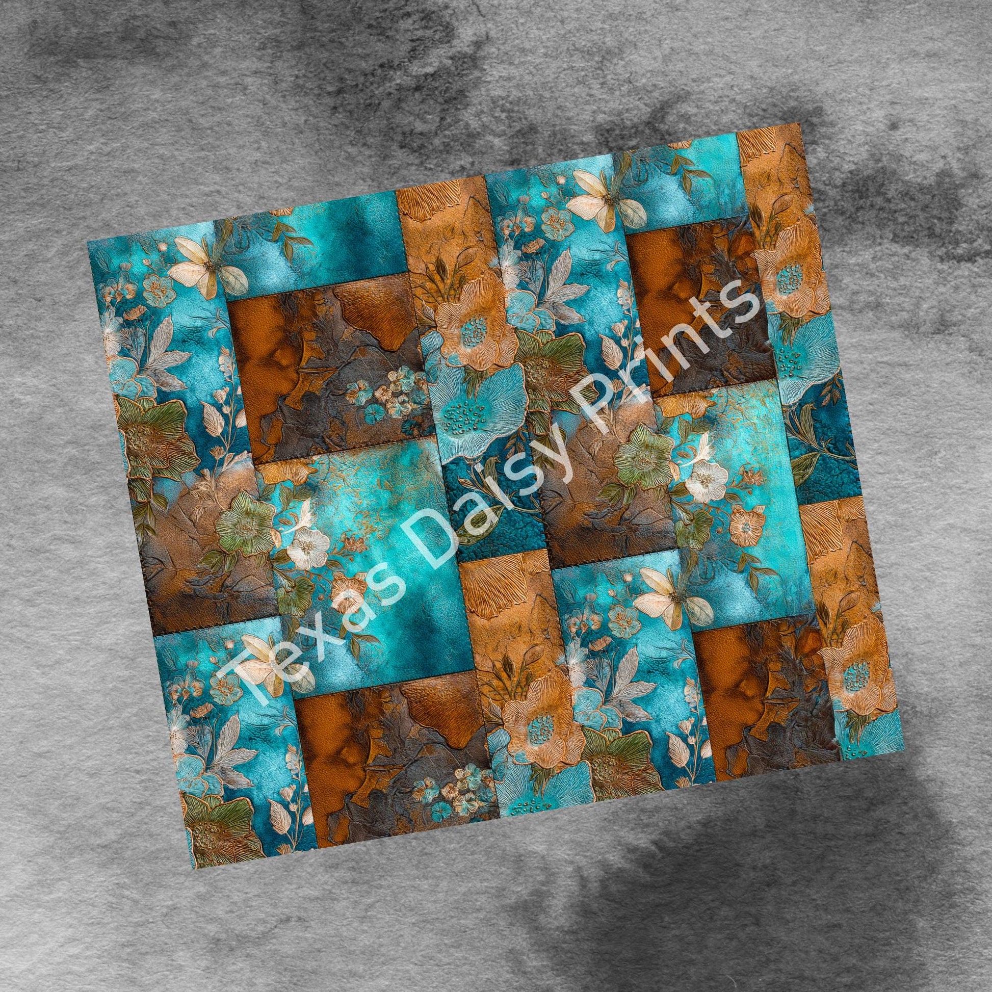 Western Patchwork Leather and Cow Hide 20oz Skinny Tumbler Wrap, Seamless Spring Flowers Country Western Sublimation Tumbler PNG Designs