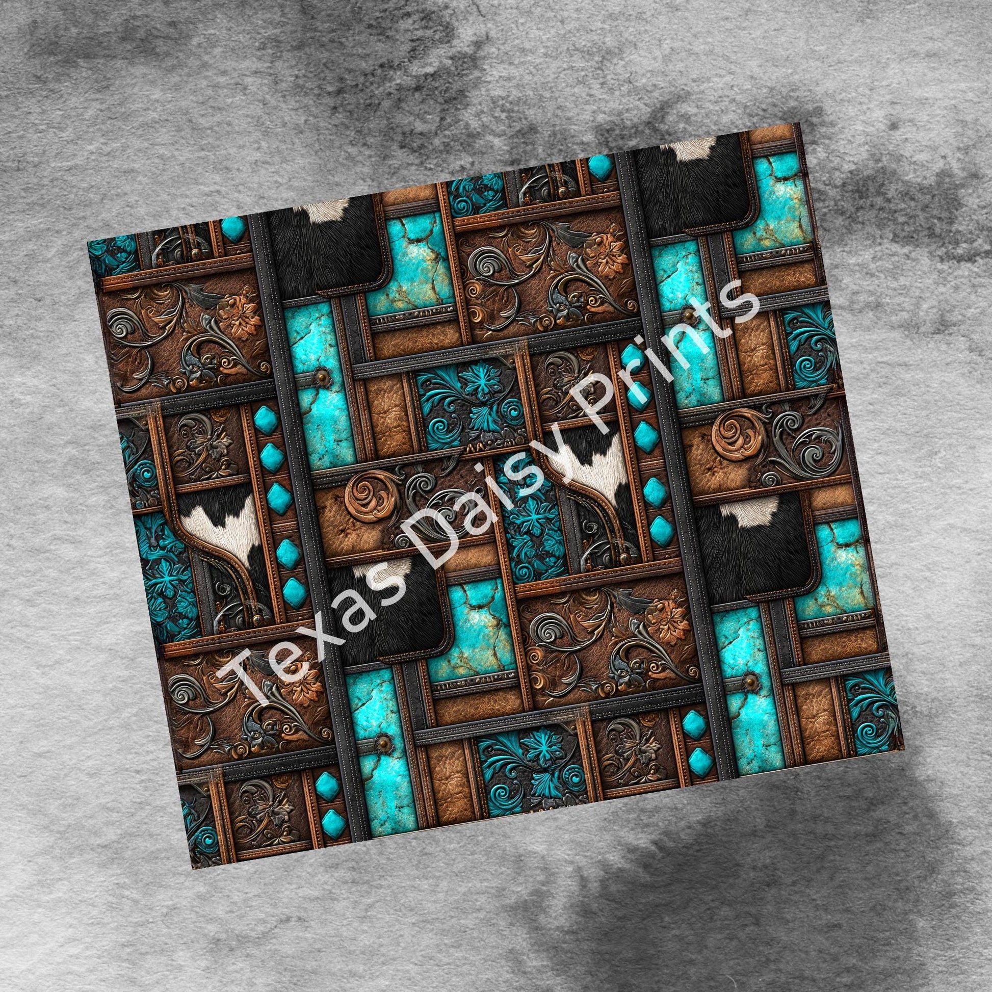 Western Patchwork Leather and Cow Hide 20oz Skinny Tumbler Wrap, Seamless Country Western Sublimation Tumbler PNG Designs