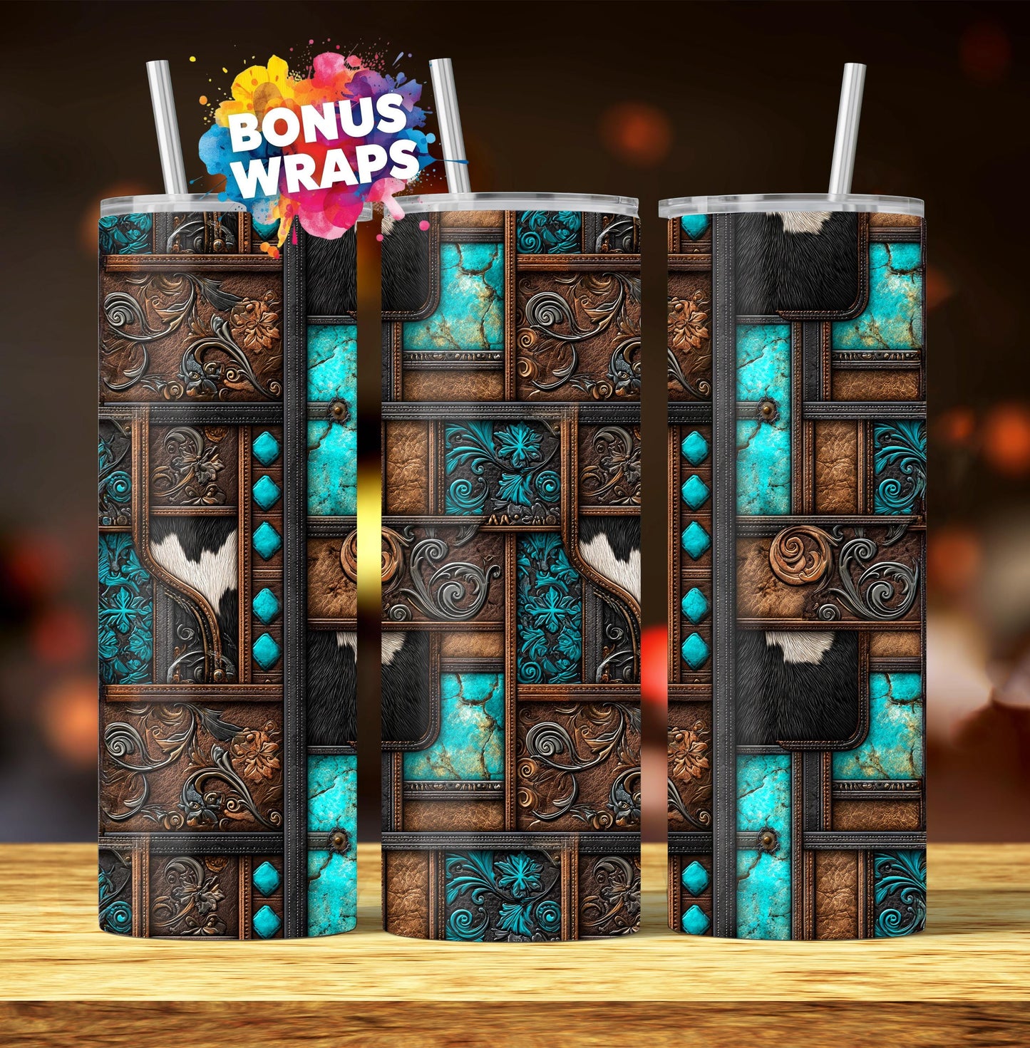 Western Patchwork Leather and Cow Hide 20oz Skinny Tumbler Wrap, Seamless Country Western Sublimation Tumbler PNG Designs