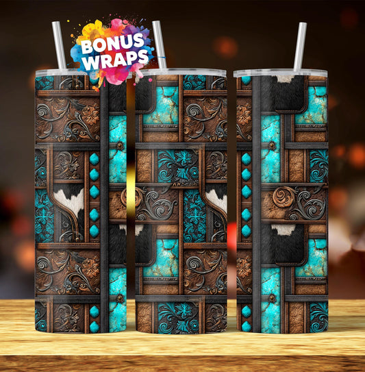 Western Patchwork Leather and Cow Hide 20oz Skinny Tumbler Wrap, Seamless Country Western Sublimation Tumbler PNG Designs