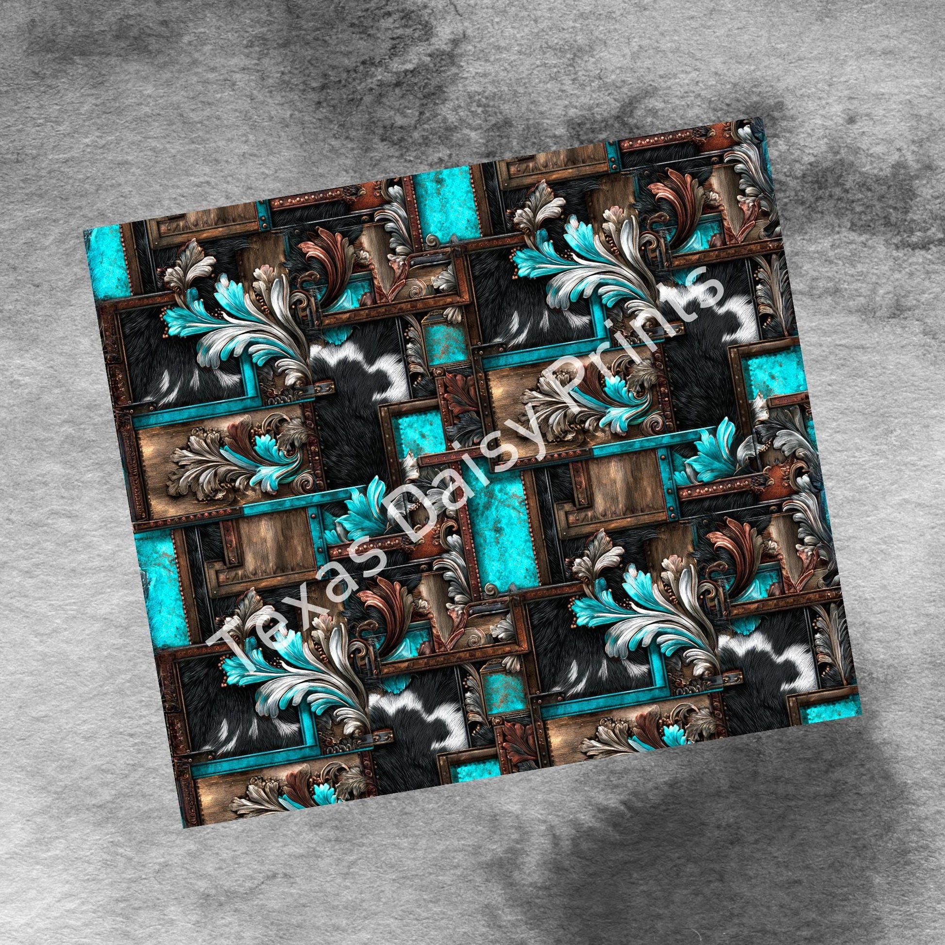 Western Patchwork Leather and Cow Hide 20oz Skinny Tumbler Wrap, Seamless Country Western Sublimation Tumbler PNG Designs