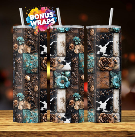 Western Patchwork Leather and Cow Hide 20oz Skinny Tumbler Wrap, Seamless Country Western Sublimation Tumbler PNG Designs