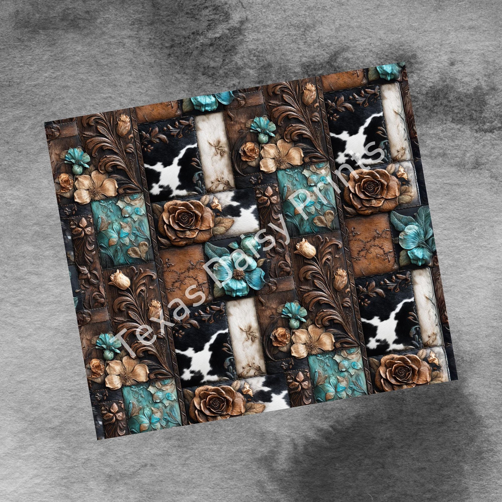 Western Patchwork Leather and Cow Hide 20oz Skinny Tumbler Wrap, Seamless Country Western Sublimation Tumbler PNG Designs