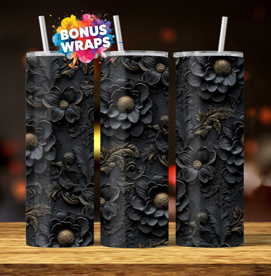 3D Gothic Black Gold Flowers 20oz Skinny Tumbler Wrap Png Tumbler Daisy Flowers Tumbler Wrap Png Seamless Sublimation Design