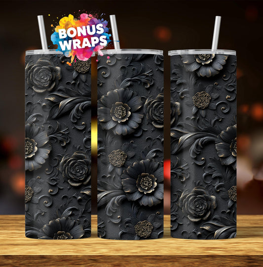 3D Gothic Black Gold Flowers 20oz Skinny Tumbler Wrap Png Tumbler Daisy Flowers Tumbler Wrap Png Seamless Sublimation Design