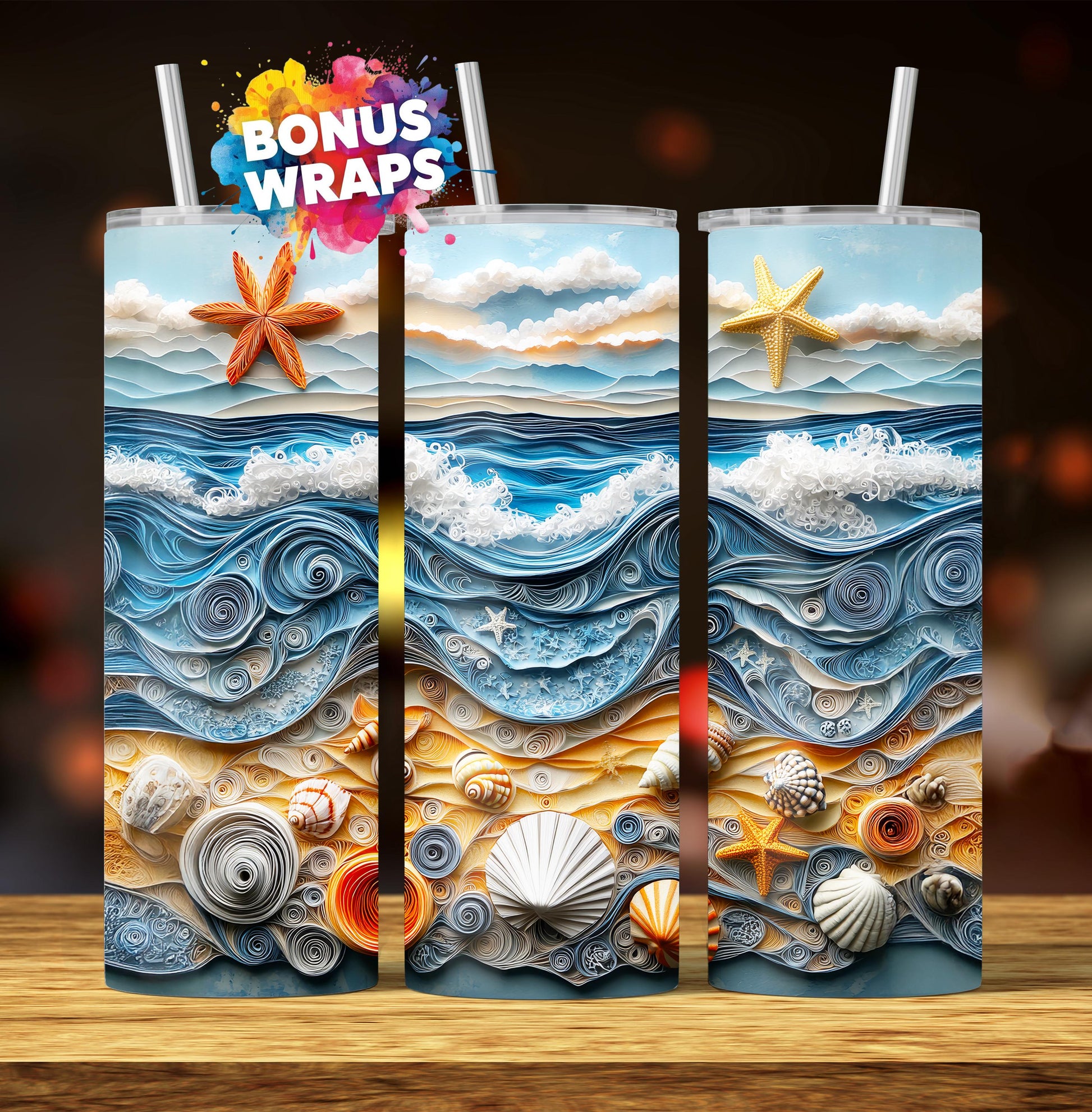 3D Ocean Seashells Beach 20 oz Skinny Tumbler, Seamless Tumbler Wrap, Instant Digital Download Sublimation Design