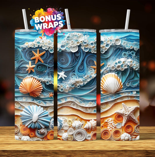 3D Ocean Seashells Beach 20 oz Skinny Tumbler, Seamless Tumbler Wrap, Instant Digital Download Sublimation Design