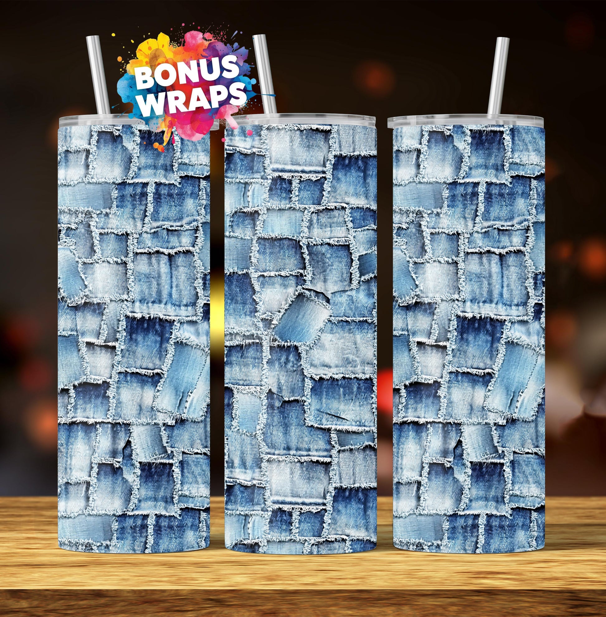 Denim Patchwork 20 oz Skinny Tumbler Wrap, Seamless Sublimation Designs