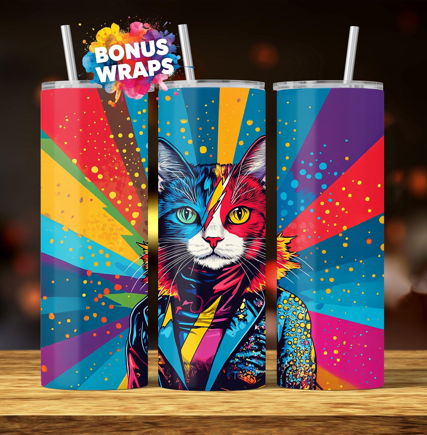 Cosmic Cat 20oz Skinny Tumbler, Cat Lover Seamless Sublimation Design Templates, Colorful Cat Tumbler Straight PNG Digital Download