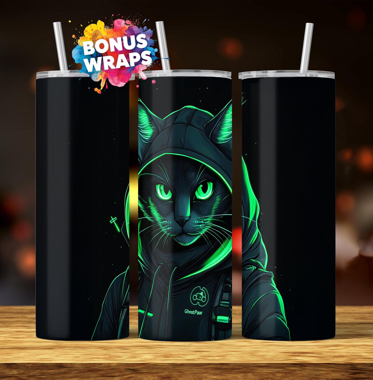 Ghost Cat 20oz Skinny Tumbler, Cat Lover Seamless Sublimation Design Templates, Ghost Paw Cat Tumbler Straight PNG Digital Download