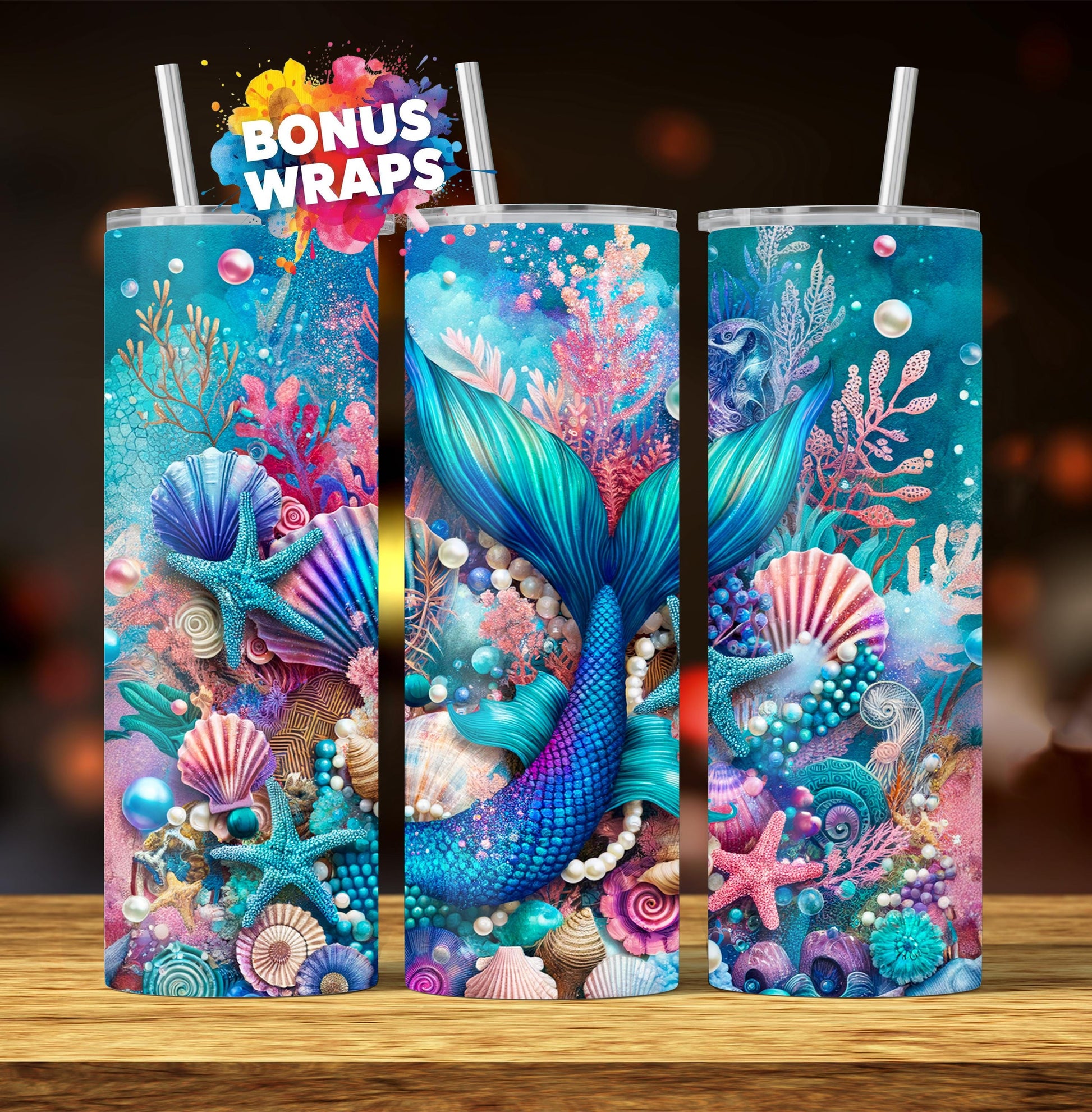 Mermaid Tail 20oz Skinny Tumbler Wrap, Seashells Starfish Seamless Sublimation Design Straight PNG Digital Download