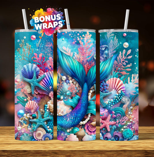 Mermaid Tail 20oz Skinny Tumbler Wrap, Seashells Starfish Seamless Sublimation Design Straight PNG Digital Download