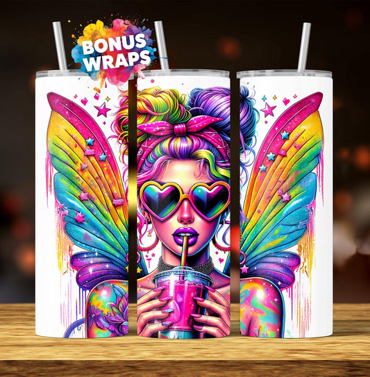 Fairy Neon Fantasy 20oz Skinny Tumbler Wrap, Rainbow Seamless Sublimation Design Templates,Straight PNG Digital Download