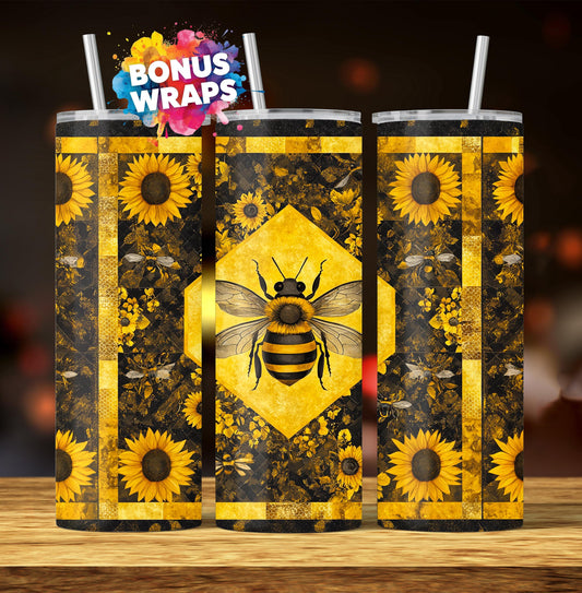 Cute Bee Sunflower 20oz Skinny Tumbler Wrap, Wildflowers Seamless PNG Digital Download Sublimation Wrap Template