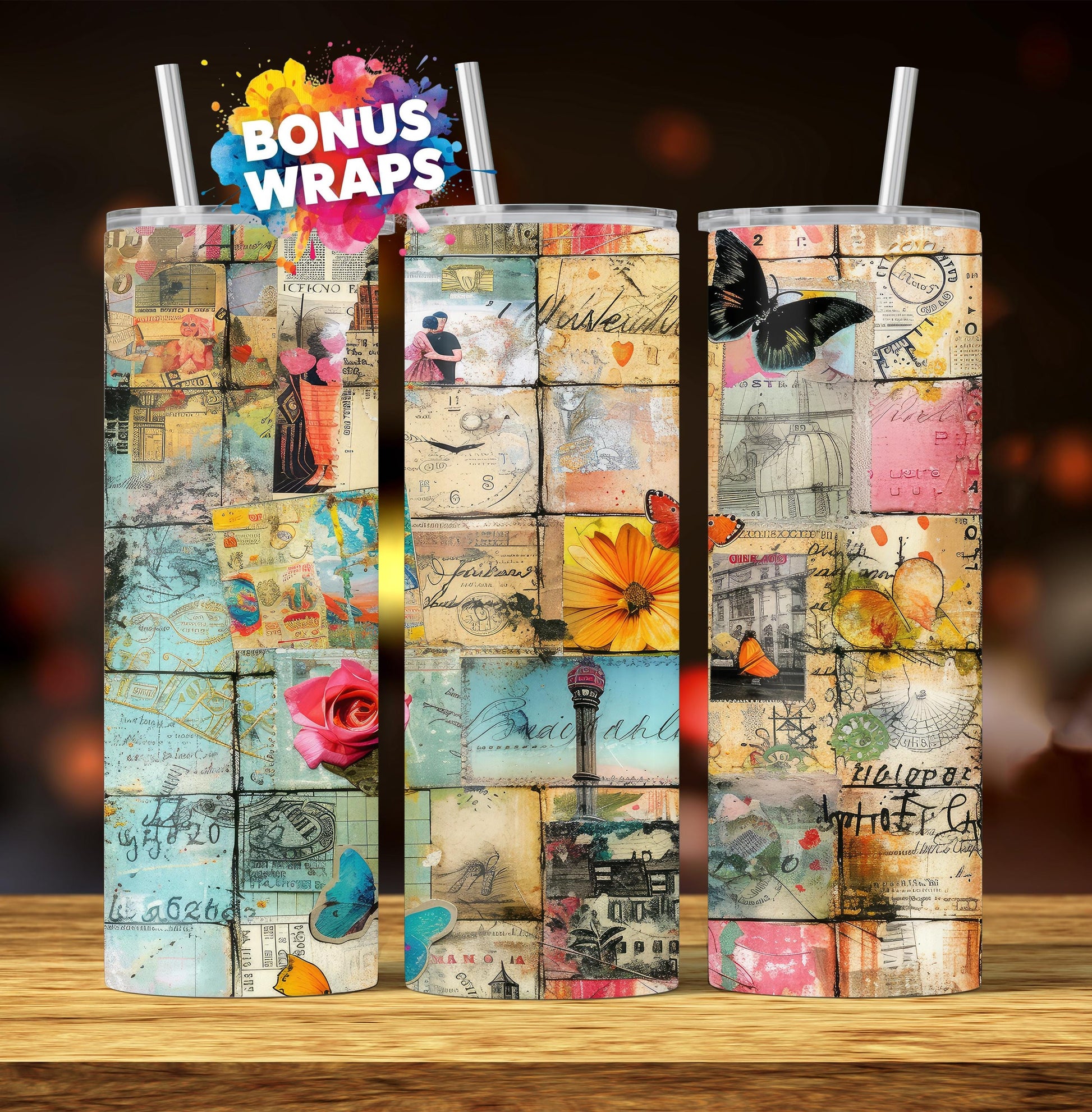 Vintage Travel, 20 oz Skinny Tumbler Wrap, Seamless Vacation Patchwork Sublimation Design Digital Download
