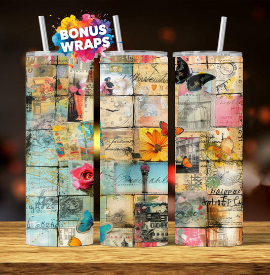 Vintage Travel, 20 oz Skinny Tumbler Wrap, Seamless Vacation Patchwork Sublimation Design Digital Download