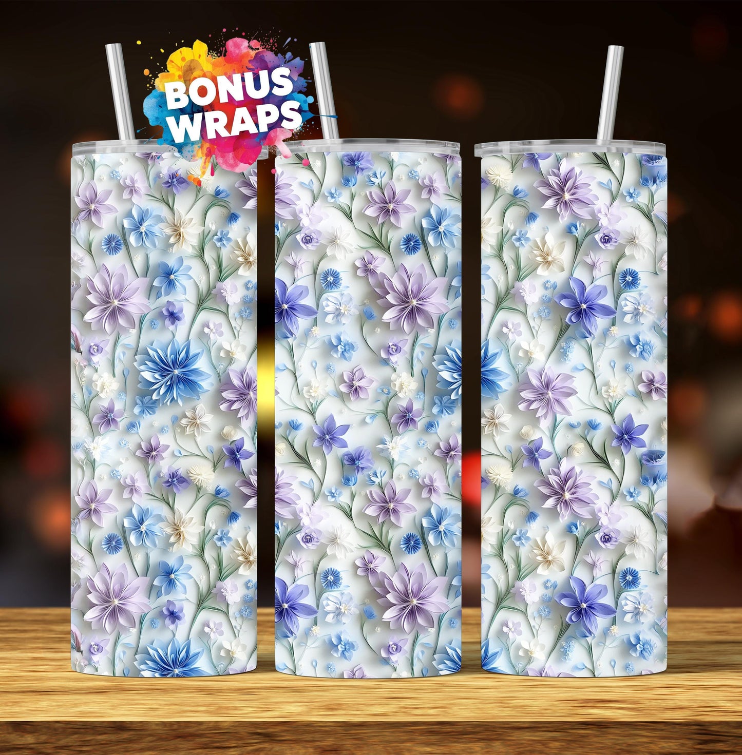 3D WildFlowers 20oz Skinny Tumbler Wrap, Purple & Blue Seamless Wild Flowers Tumbler Png Floral 20 Oz Tumbler Png Sublimation Design
