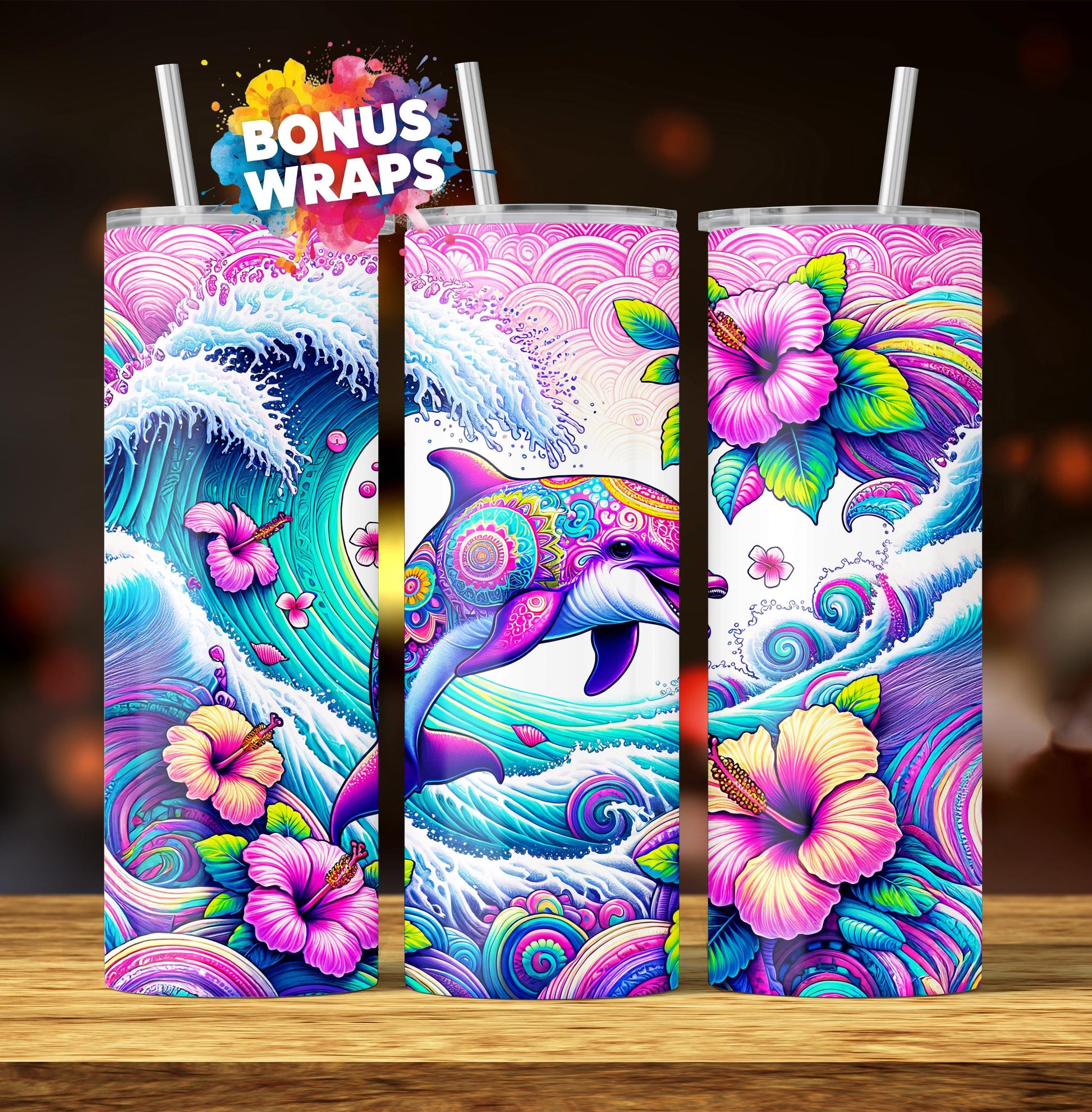 Dolphin Catching Ocean Waves Hibiscus Flowers 20oz Skinny Tumbler Designs, Seamless 20 oz Tumbler Wrap Template, PNG Digital Download