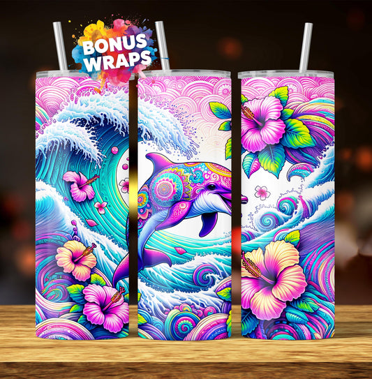 Dolphin Catching Ocean Waves Hibiscus Flowers 20oz Skinny Tumbler Designs, Seamless 20 oz Tumbler Wrap Template, PNG Digital Download