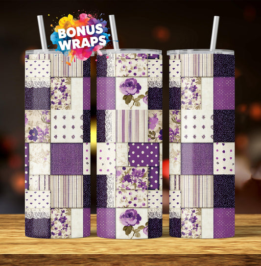 Quilting Flowers Polka Dots 20oz Skinny Tumbler, Seamless Sublimation Design, Patchwork Straight PNG Digital Download