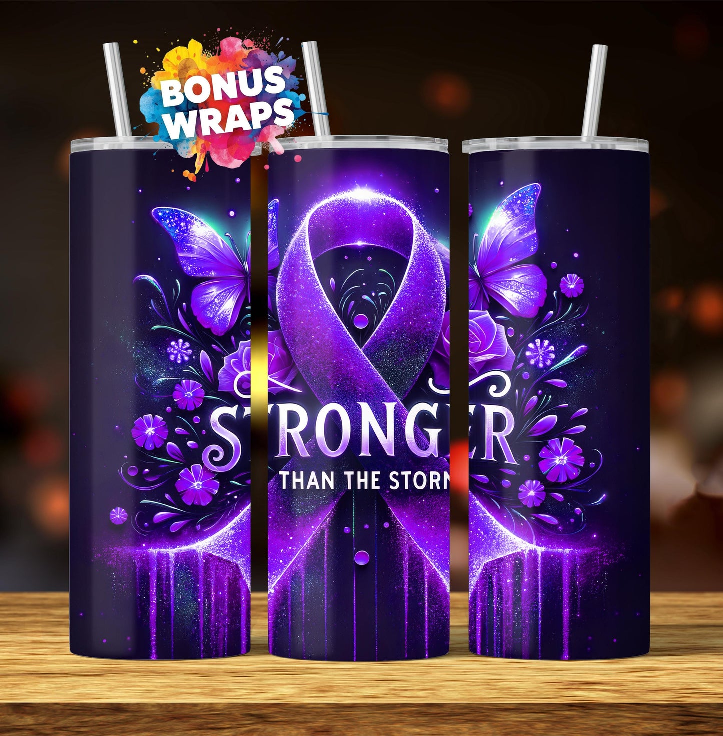 Lupus, Alzheimers Awareness Purple Ribbon 20 oz Skinny Tumbler Wrap, Stronger Than The Storm Seamless Sublimation Digital Download PNG