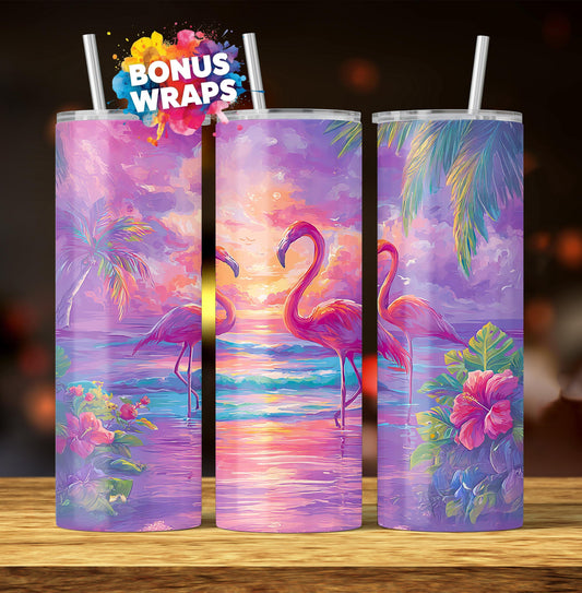 Flamingos Sunset 20 oz Skinny Tumbler Sublimation, Watercolor Flamingo Tumbler Wrap Design For Straight Tumbler, PNG File, Digital