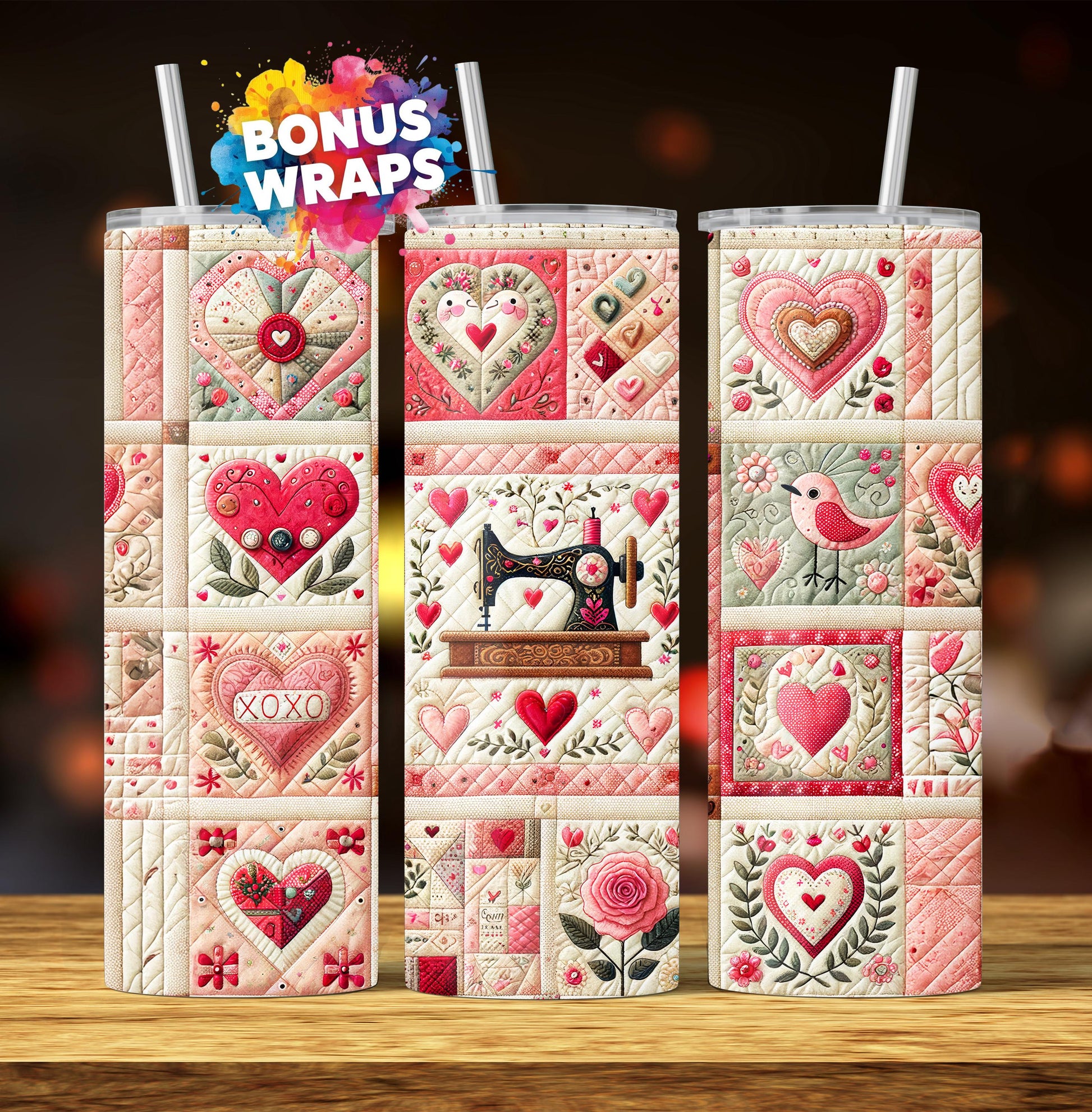 Quilting Sewing Valentines 20oz Skinny Tumbler Seamless Sublimation Design Templates,Straight PNG Digital Download