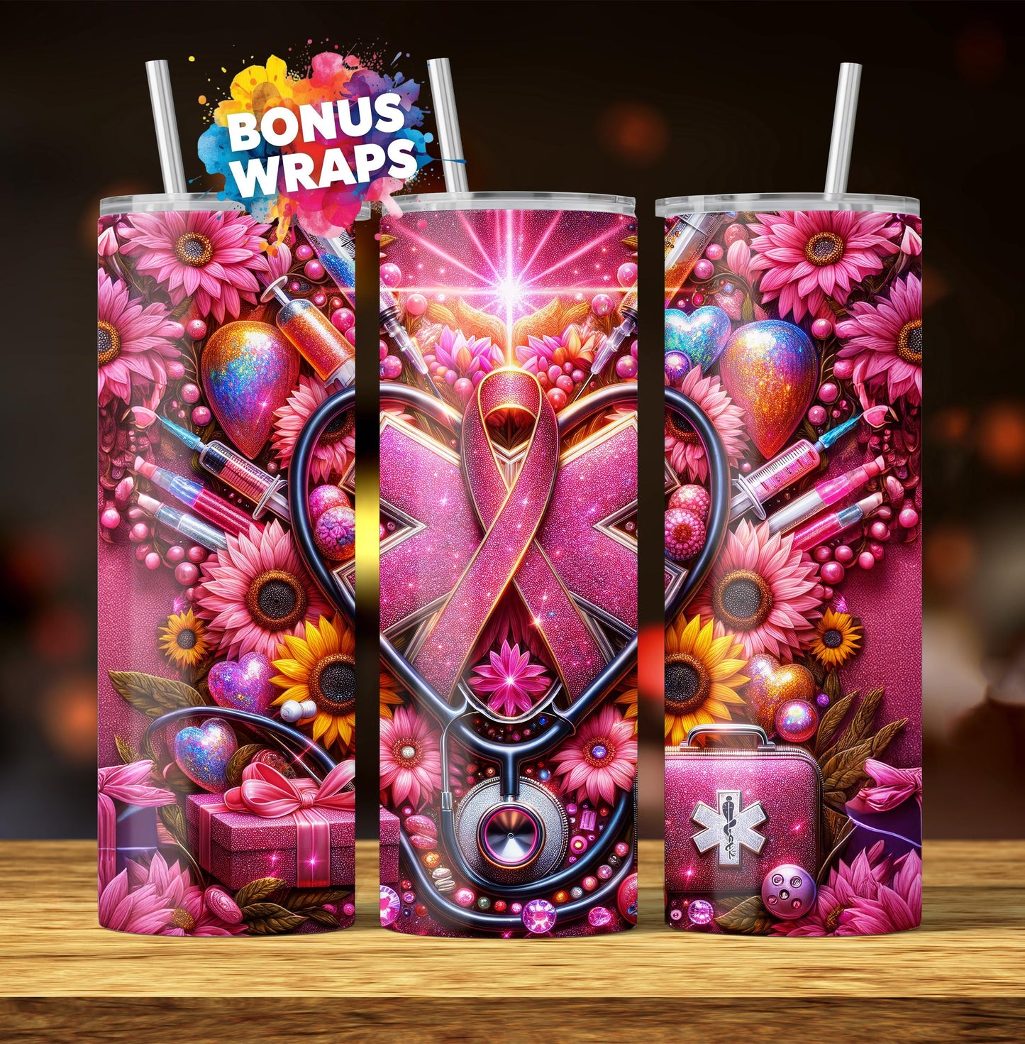 Breast Cancer Pink Ribbon Nurse Medical 20oz Skinny Tumbler Seamless Sublimation Design Digital Download PNG, Awareness Tumbler