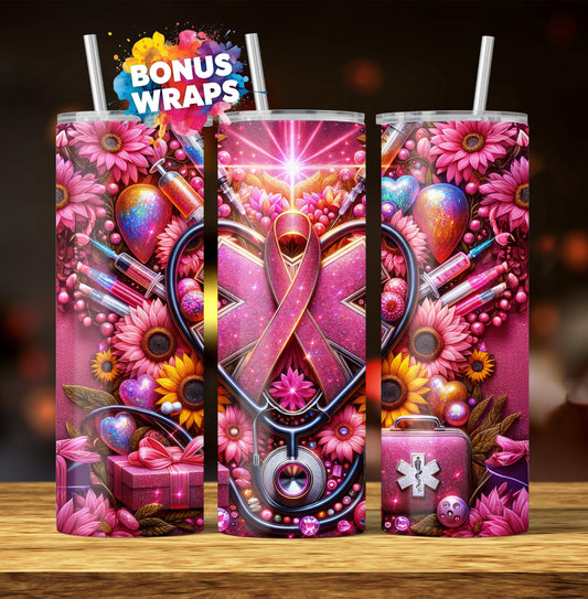 Breast Cancer Pink Ribbon Nurse Medical 20oz Skinny Tumbler Seamless Sublimation Design Digital Download PNG, Awareness Tumbler