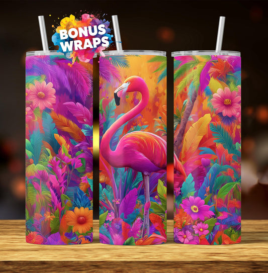 Flamingo Tropical Garden 20 oz Skinny Tumbler Sublimation, Watercolor Flamingo Tumbler Wrap Design For Straight Tumbler, PNG File, Digital