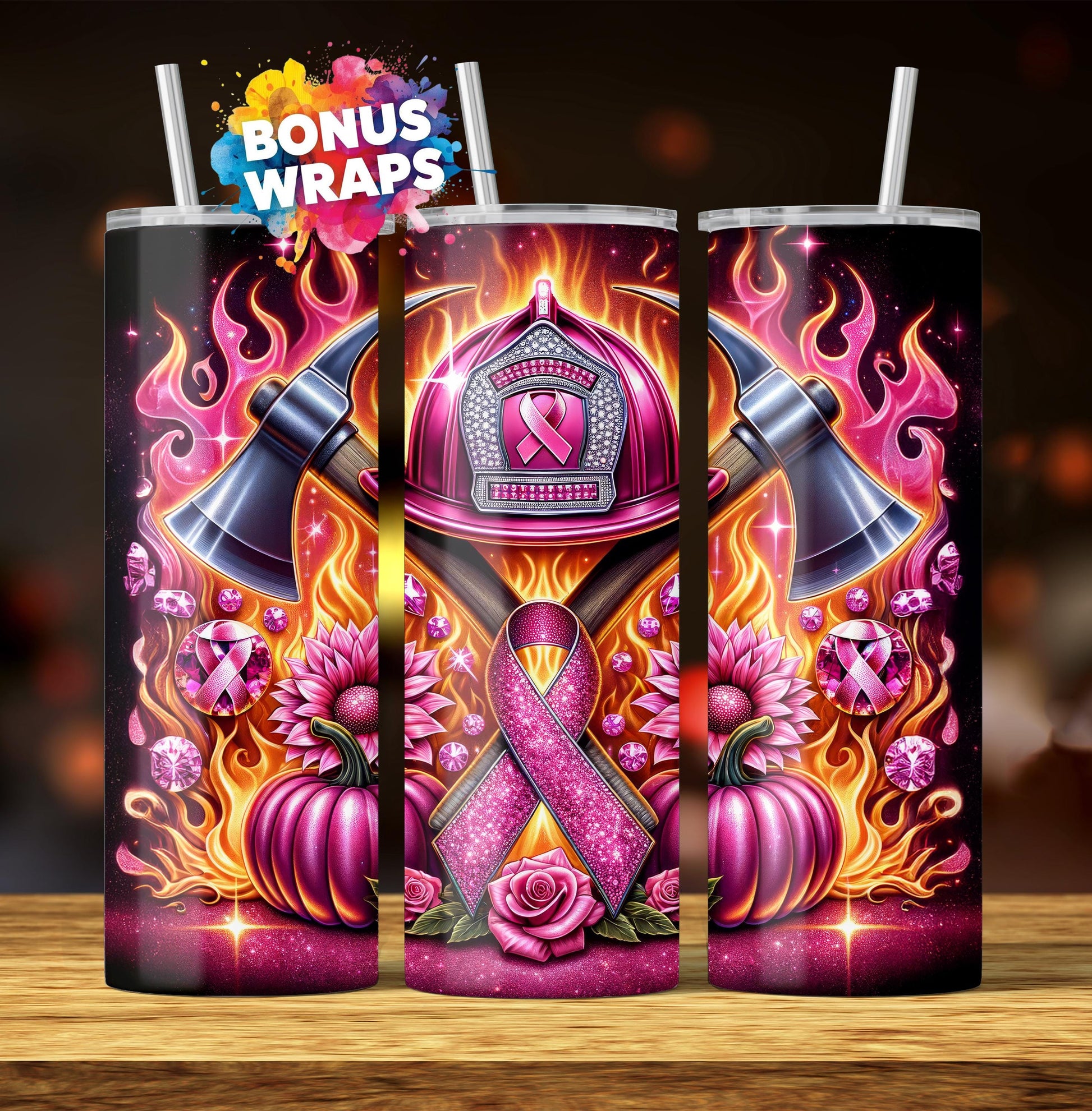 Breast Cancer Pink Ribbon Firefighter 20oz Skinny Tumbler Seamless Sublimation Design Digital Download PNG, Awareness Tumbler