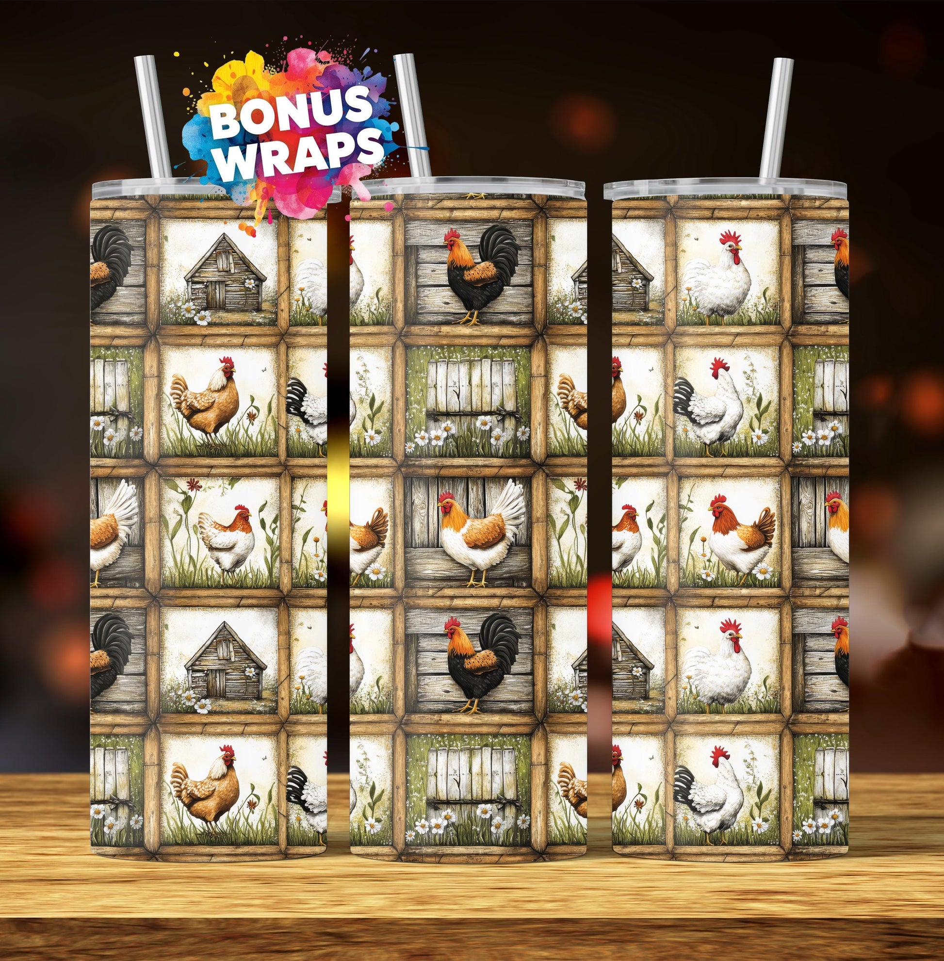 Cute Chickens 20oz Skinny Tumbler Wrap Rustic Farm Chickens Seamless Sublimation Design Templates,Straight PNG Digital Download