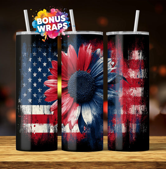 Sunflower American Flag 20oz Skinny Tumbler Wrap, Seamless Patriotic Sublimation, Digital Download, July 4th, Labor Day, Red White and Blue