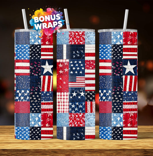 Quilting American Flag 20oz Skinny Tumbler, Forth of July Seamless Sublimation Design, Patchwork Straight PNG Digital Download