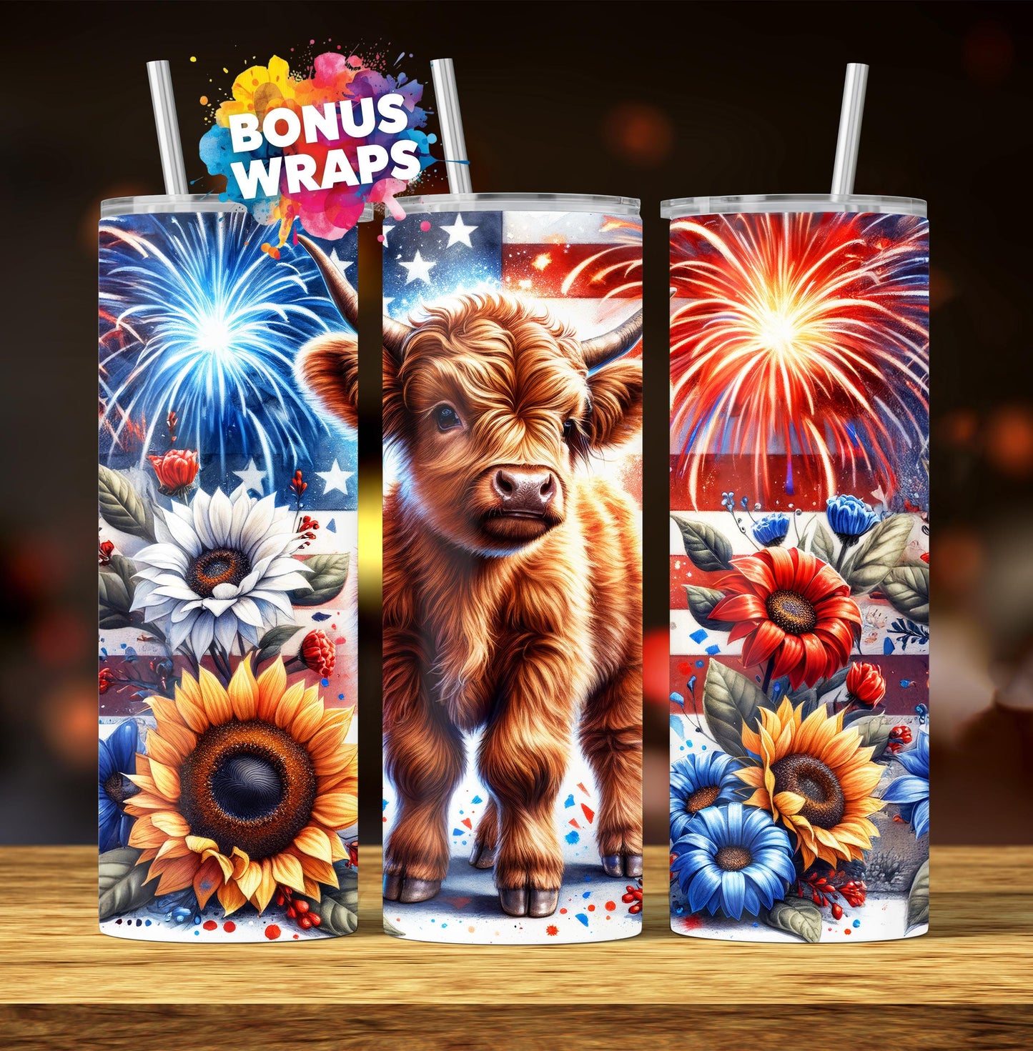 Cute Baby Highland Cow 20oz Skinny Tumbler Wrap, Seamless American Flag July 4th Fireworks Sublimation Design Templates