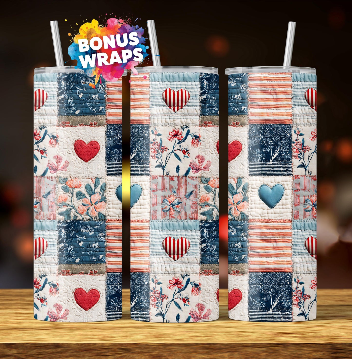 Quilting Hearts and Flowers 20oz Skinny Tumbler Wrap, Forth of July Seamless Sublimation Design, Patchwork Straight PNG Digital Download