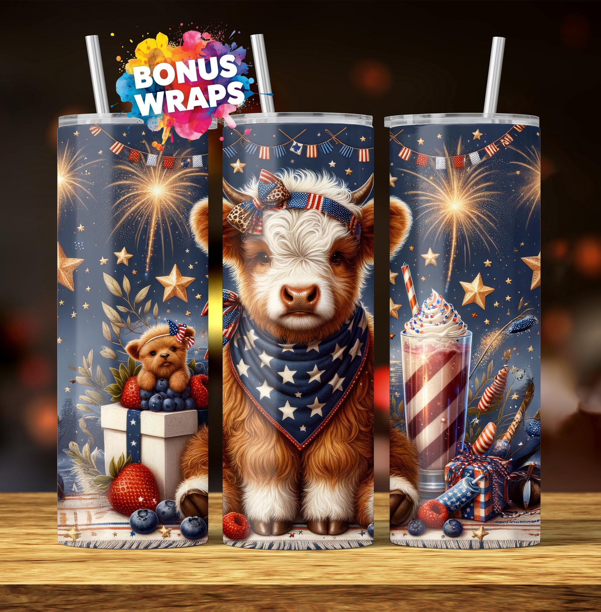 Cute Baby Highland Cow , 20oz Skinny Tumbler Wrap Sublimation Design, Cow Love 4th Of July Tumbler Wrap Seamless PNG Digital Download