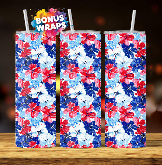 Spring Flowers 20oz Skinny Tumbler Wrap Sublimation Templates, Seamless Red White and Blue Watercolor Flowers Straight PNG Digital Download