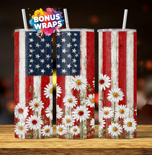 Spring Flowers American Flag 20oz Skinny Tumbler Seamless Daisy Flowers , 4th of July Sublimation Templates,PNG Digital Download