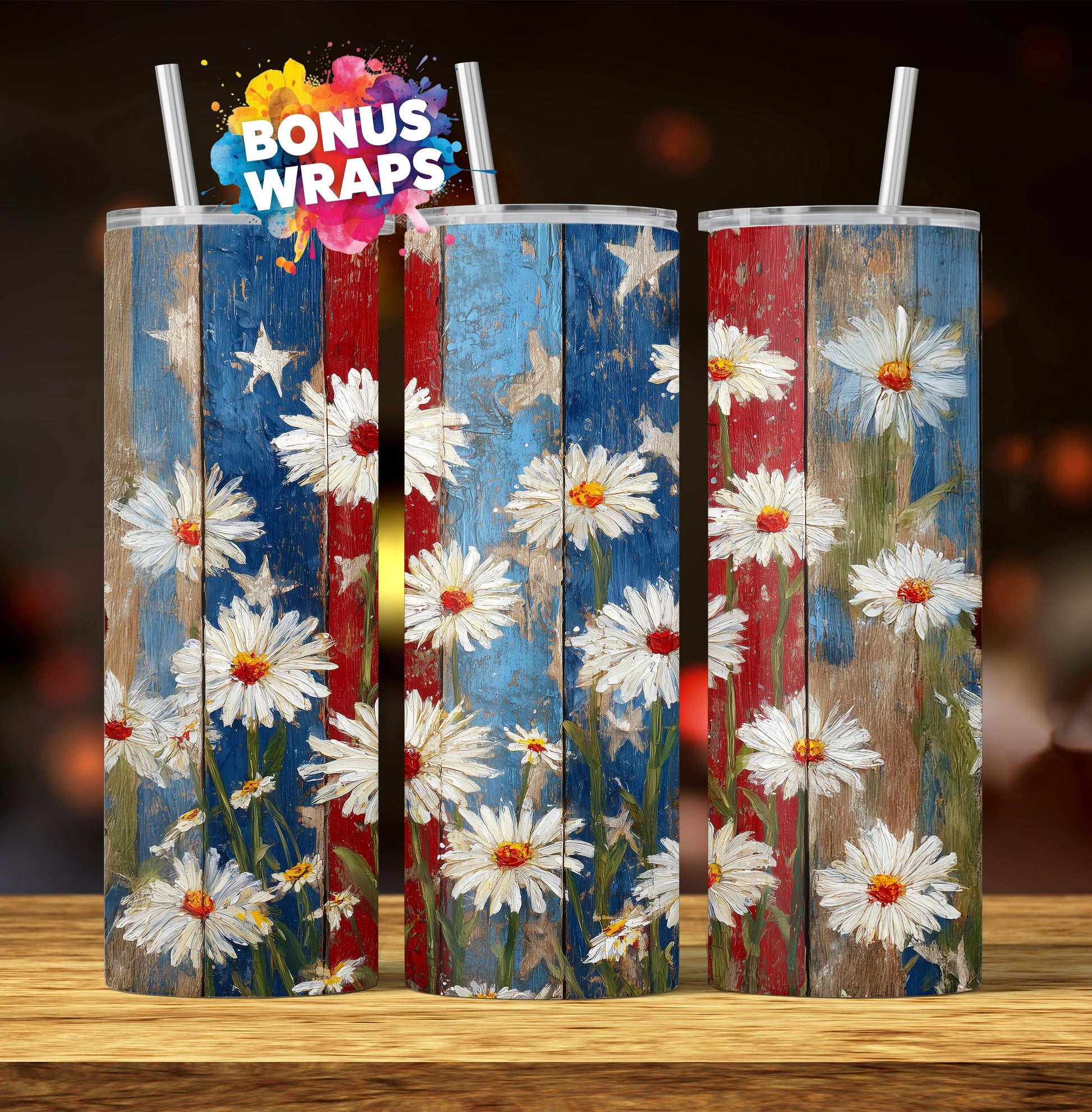 Spring Flowers Daisy20oz Straight Tumbler Wrap, Patriotic Seamless Sublimation Design