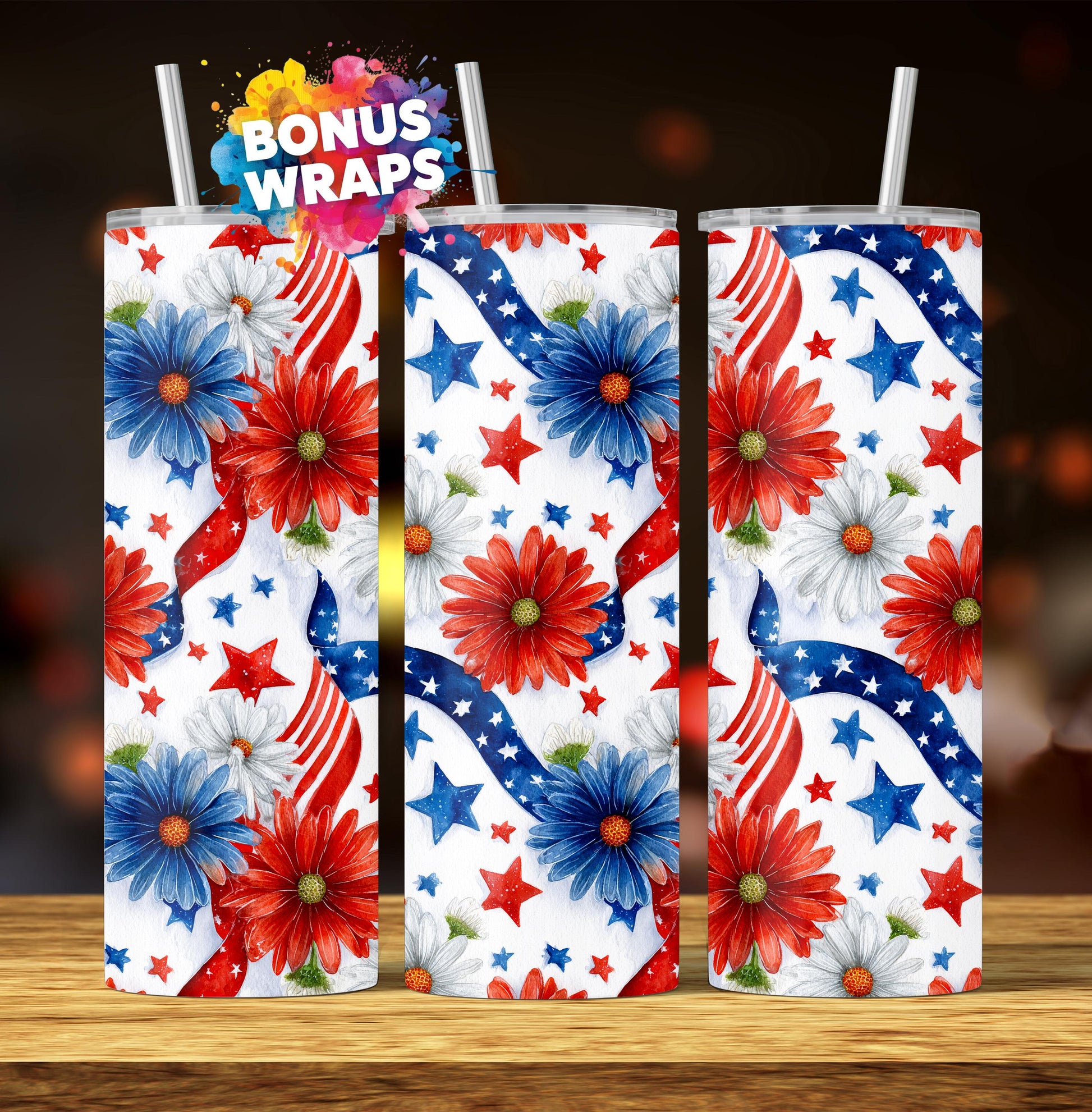 Patriotic Flowers and Stars 20oz Skinny Tumbler Seamless, 4th of July Sublimation Templates,PNG Digital Download