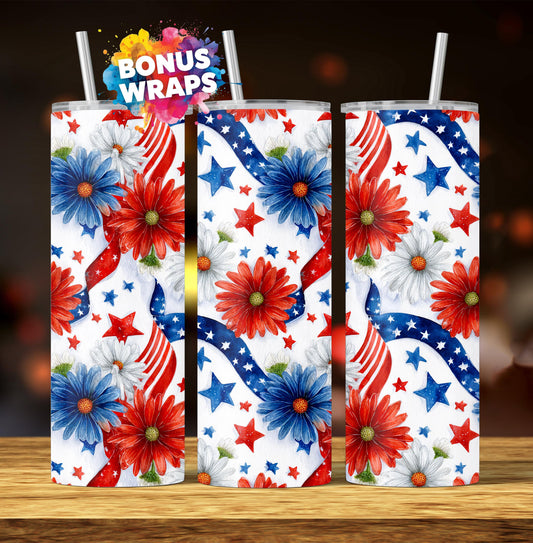 Patriotic Flowers and Stars 20oz Skinny Tumbler Seamless, 4th of July Sublimation Templates,PNG Digital Download