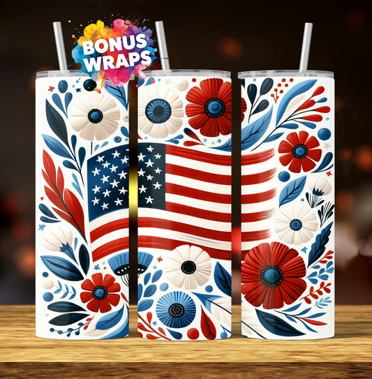 Spring Flowers American Flag 20oz Skinny Tumbler Wrap Patriotic Red White Blue Seamless 4th of July Sublimation Digital Download