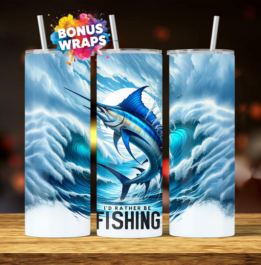 I'd Rather Be Fishing Tumbler Wrap, Father's Day Sublimation PNG 20oz Skinny Tumbler, Deep Sea Blue Marlin Fisherman Digital Download Design