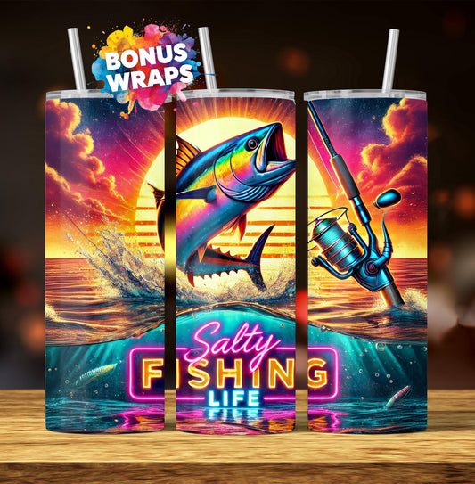 Saltwater Fishing Tumbler Wrap 20 oz Skinny Seamless Sublimation Design Template, Fisherman Deep Sea Fishing, Gift For Him Digital Download