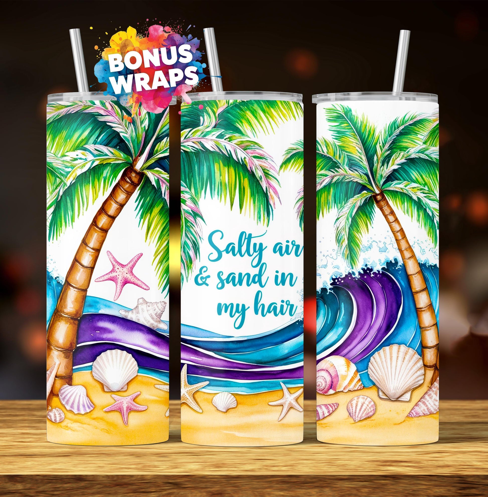 Salt In The Air Sand In My Hair 20oz Skinny Tumbler Wrap, Seamless Sandy Beach Tumbler Wrap, Sublimation Design, PNG Digital Download