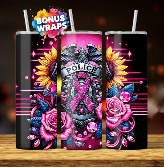 Pink Ribbon Awareness Police 20oz Skinny Tumbler Seamless Breast Cancer Sublimation Design Digital Download PNG, Spring Flower Tumbler