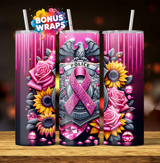 Pink Ribbon Awareness Police Halloween 20oz Skinny Tumbler Wrap Seamless Breast Cancer Sublimation Design Digital Download PNG