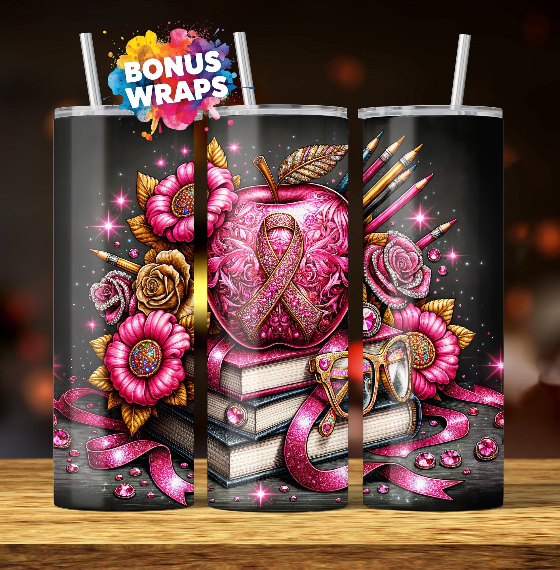 Pink Ribbon Awareness Teacher 20oz Skinny Tumbler Wrap Seamless Breast Cancer Sublimation Design Digital Download PNG